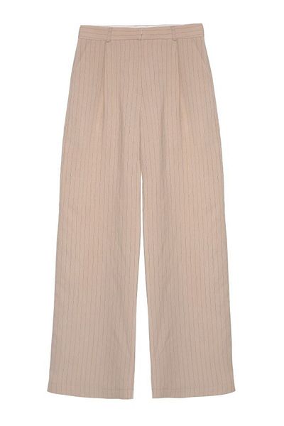 Quzu Beige Striped Linen Palazzo Trousers