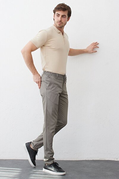 RAVANELLI Men's Khaki Slim Fit Jogger Pants - Flexible, Woven Lycra, Elastic Waist Lace-up