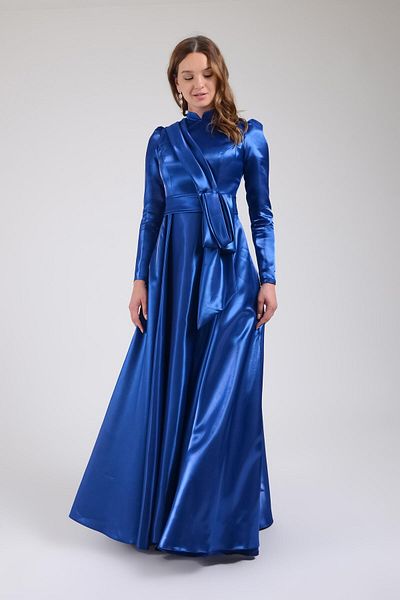 SpringStore Rochie de seară hijab - Indigo, cu fundă în talie