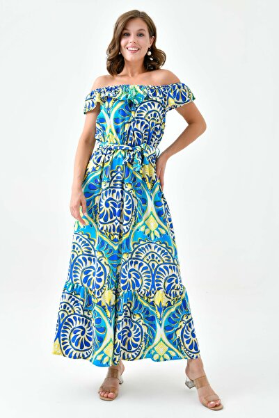 lovebox Жіноча сукня середньої довжини з мадонною коміром і поясом з воланами - 12503