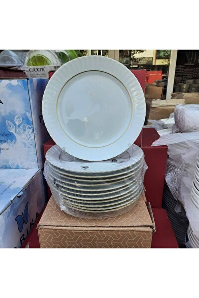 Kütahya Porselen 12 Adet 17 cm Porselen Altın Yaldızlı Düz Tabak Tatlı Pasta Servis Tabağı