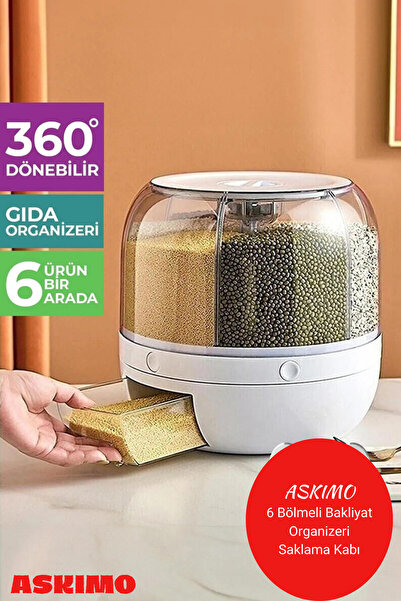 Askımo سعة 6 كجم - منظم طعام وبقولات يدور 360 درجة، حاوية تخزين مكونة من 6 أقسام