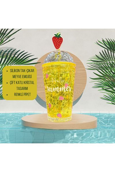 BLA GROUP Fruit Patterned Crystal Double Leather Cup with Straw - Mica Pinterest Cup with Diamond Lid