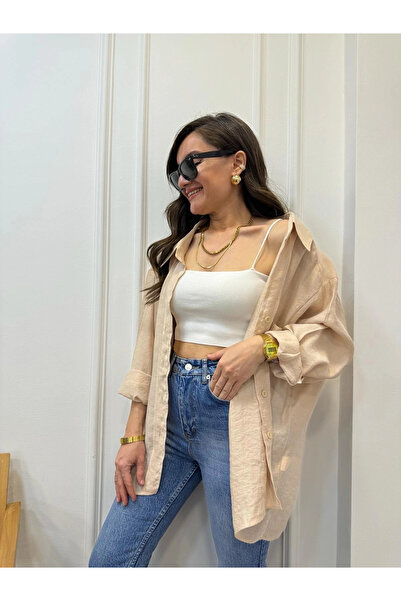 My Blog Oversize košile s off-shoulderem v barvě kamene