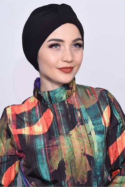 Luna Nueva Hijab Pool Sea Cap (Four SEASONS USE) Black Double Sided Knot Cross Model