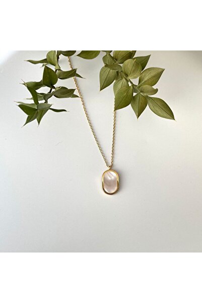 nerora Kararmaz Çelik Gold Oval Sedef Taşlı Kolye