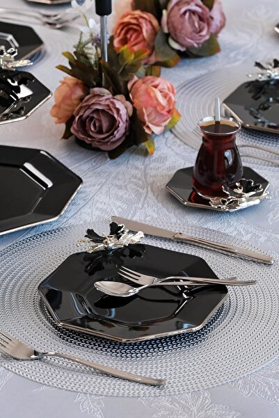 Glore Dolmabahçe Sekizgen Siyah Platin Yaldızlı 6 Kişilik Cam Pasta Tabağı Takımı