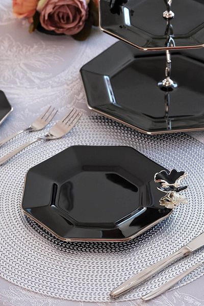 Glore Dolmabahçe Black Platinum Gilded Glass Cake Plate Set for 6 Persons