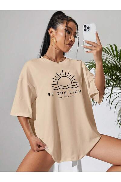 Revasser BE THE LIGHT Πολύχρωμο υπερμεγέθη γυναικείο βαμβακερό χτενισμένο μπλουζάκι - Crew Neck