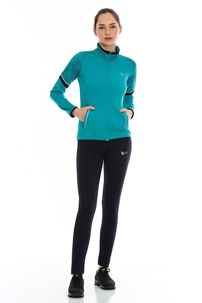 FEROBİ Kadın Fermuarlı Likralı Omzu Desenli Dalgıç Fuşya Eşofman Takımı Mint Yeşili