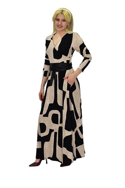 VTN Beige V-Neck Cube Patterned Women's Dress - BGL-ST03544