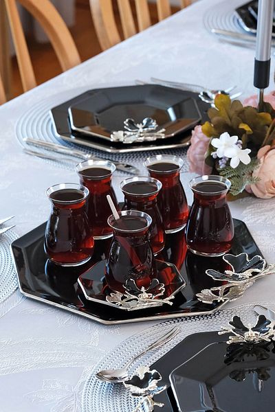 Glore Black Platinum Gilded Dolmabahce Octagonal Glass Tray