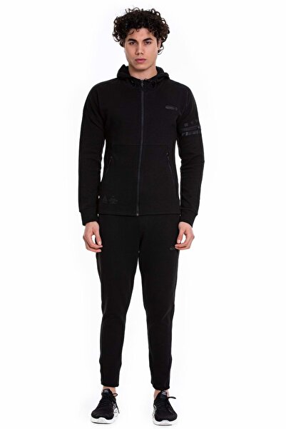 FEROBİ Erkek Fermuarlı Likralı Kapüşonlu Penye Eşofman Takımı Siyah