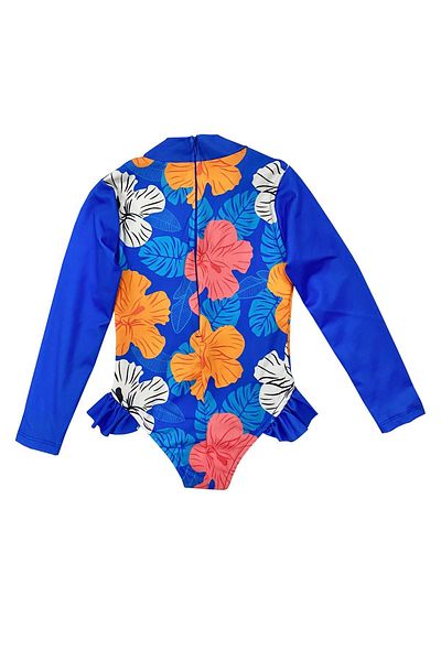 TUOBEBE Floral Printed Girl's Swimsuit - Zippered, Long Sleeve, Sunscreen and Ruffled