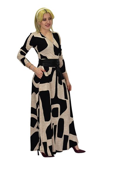 VTN Beige V-Neck Cube Patterned Women's Dress - BGL-ST03544