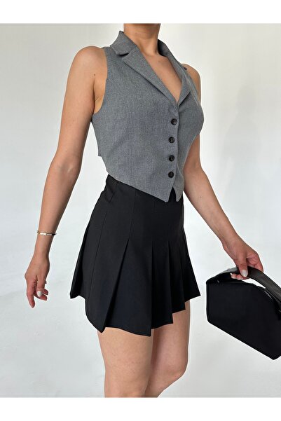 Laluvia Gray Back Tie Cut-Out Detailed Vest