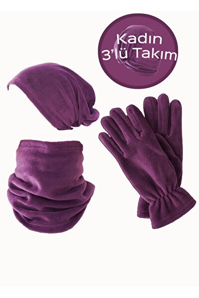 Mrey Purple Candy Colored Women's Thermal Winter Fleece - Gloves Neck Collar Hat Set of 3