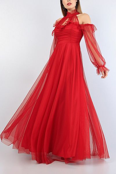 Phoenix Women Long Tulle Shoulder Detailed Evening Dress