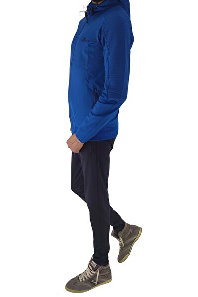 FEROBİ Erkek Kapüşonlu Fermuarlı Likralı Dalgıç Eşofman Takımı Mavi
