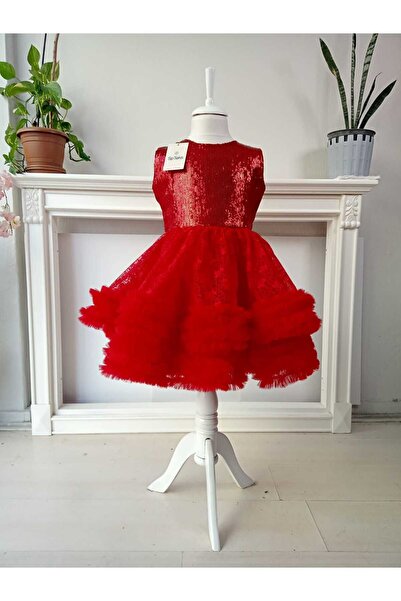 SPTEKS KIZ ÇOCUK KIRMIZI PUL PALETLİ ABİYE VE ELBİSE