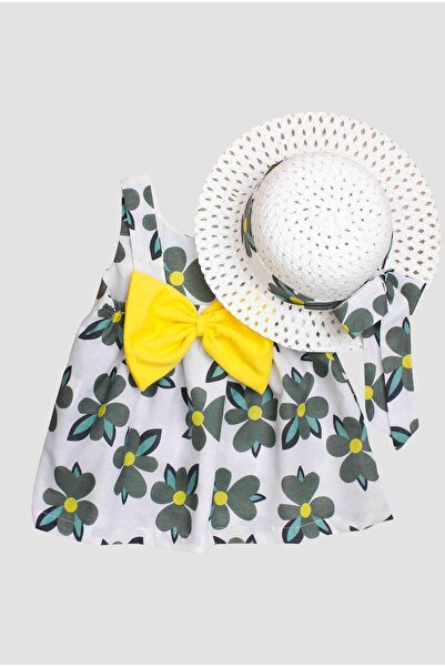 Chicsy Baby Şapkalı Üç Yapraklı Büyük Çiçek Desenli  Kız Bebek Elbisesi