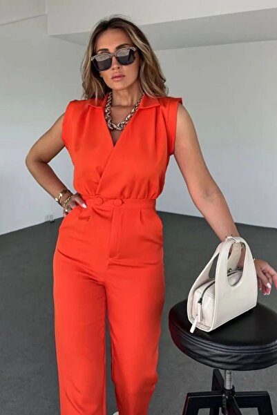 TANE TASARIM İthal Atlas Krep Esnek Kumaş Klasik Uzun V Yaka Turuncu Tulum 024