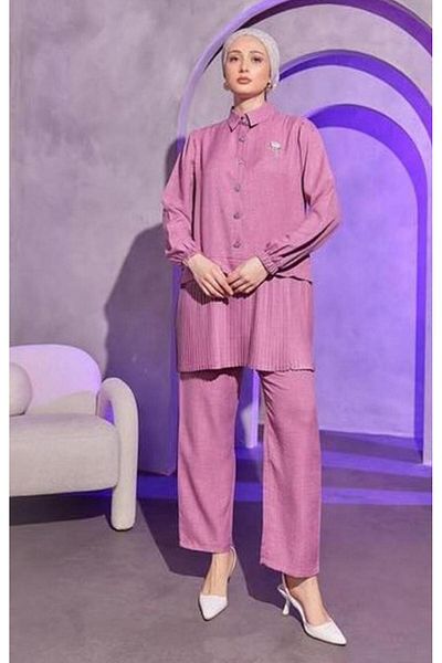 hamza gümüş Linen Look Pleat Detailed and Stone Buttoned Hijab Set - Lower and Upper Set