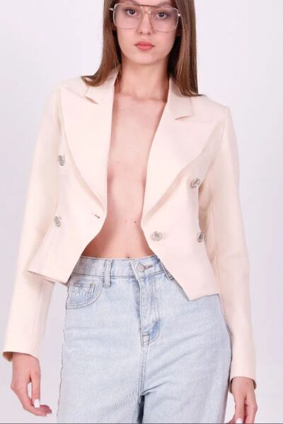 TANE TASARIM Διπλό στήθος Crop Γυναικείο Μπλέιζερ Παλτό Μονό Κουμπί Κοντό Μπεζ Μπουφάν 024