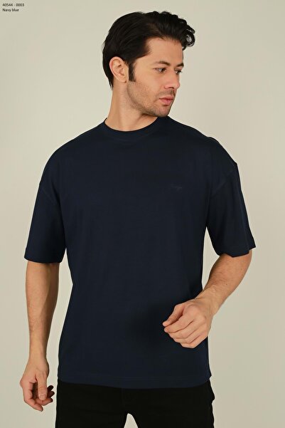 Brango SIFIR YAKA BİSİKLET YAKA OVERSIZE ERKEK TSHİRT Lacivert