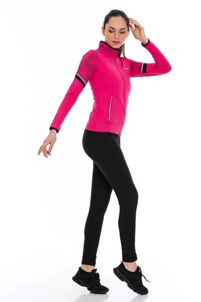 FEROBİ Kadın Fermuarlı Likralı Omzu Desenli Dalgıç Fuşya Eşofman Takımı Fuşya