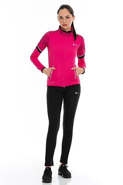 FEROBİ Kadın Fermuarlı Likralı Omzu Desenli Dalgıç Fuşya Eşofman Takımı Fuşya