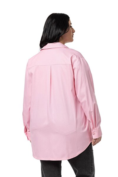 DISENTIS MODEST Büyük Beden Cep Detaylı  Gabardin Pembe Ceket Gömlek