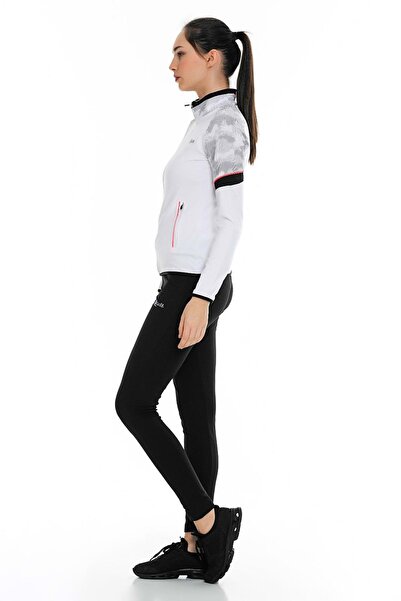 FEROBİ Kadın Fermuarlı Likralı Omzu Desenli Dalgıç Beyaz Eşofman Takımı Beyaz