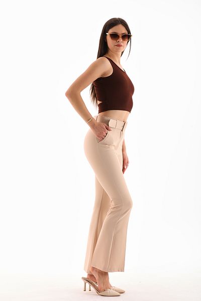 B.HE.Z Belted Zippered Pocket Side Spanish Leg Women's Trousers