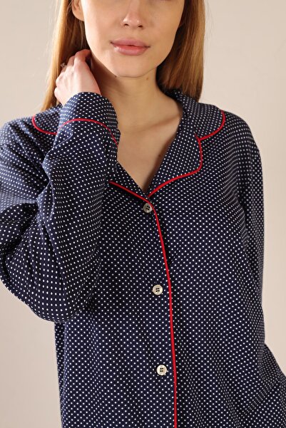 LİVE SPORT Metraj Baskılı %100 Pamuk Örme Pijama takımı Lacivert Puantiyeli