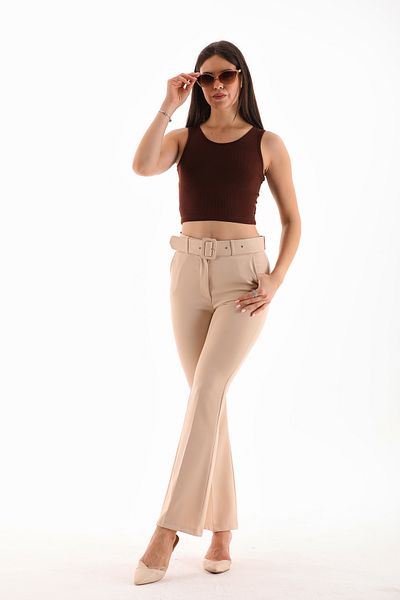 B.HE.Z Belted Zippered Pocket Side Spanish Leg Women's Trousers