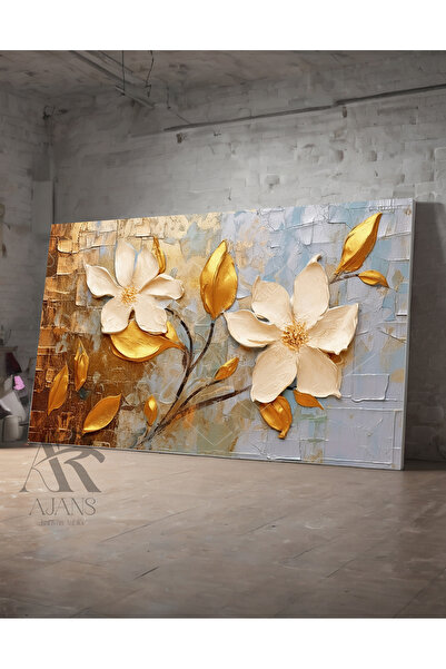AR AJANS KANVAS TABLO Pictură decorativă cu flori de aur cu aspect de pictură...
