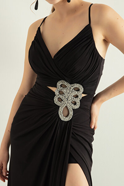 Lafaba Dámské černé dlouhé večerní šaty s ramínky na hrudi s rozparkem