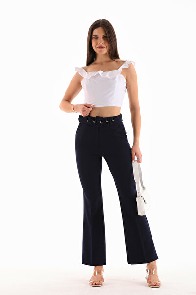 B.HE.Z / Kemerli Fermuarlı Yanlardan Cepli İspanyol Paça Dabıl Kumaş Kadın Pantolon