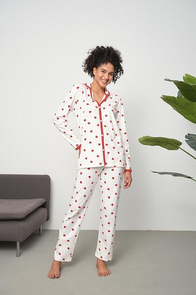 LİVE SPORT Women's Metrating Look Heart Patterned 100% Cotton Knitted Pocketless Pajama set