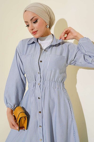 VOLT CLOTHİNG Gestreiftes Hijab-Kleid mit Metallknöpfen - Boydan