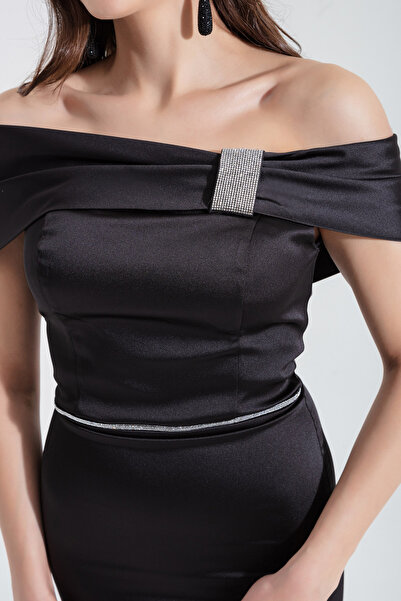 Lafaba Schwarzes, mit Schmucksteinen besetztes Midi-Abendkleid mit U-Boot-Ausschnitt für Damen