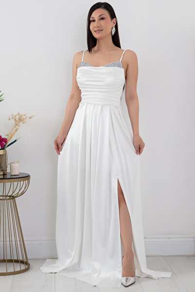 PULLIMM Göğüs Taşlı Uzun Saten Elbise 39850