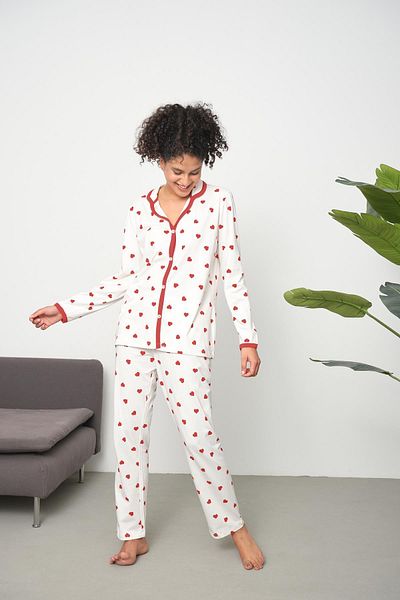 LİVE SPORT Women's Metrating Look Heart Patterned 100% Cotton Knitted Pocketless Pajama set