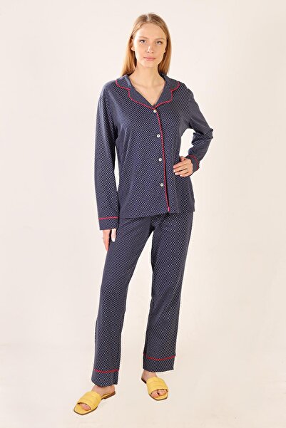 LİVE SPORT Metraj Baskılı %100 Pamuk Örme Pijama takımı Lacivert Puantiyeli
