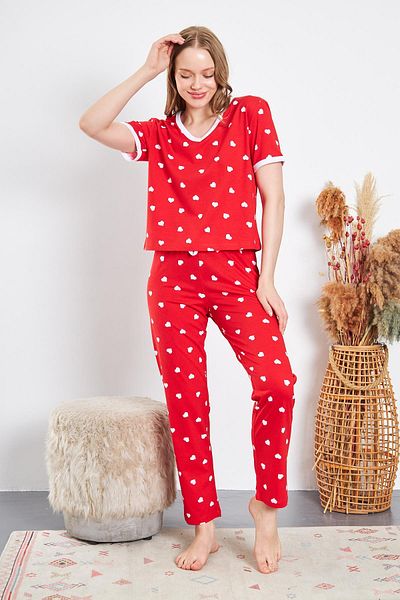 LİVE SPORT Heart Cotton Knitted Pajama Set - T-shirt/pajama Set of 2, Meters Printed