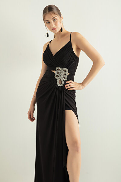 Lafaba Dámské černé dlouhé večerní šaty s ramínky na hrudi s rozparkem
