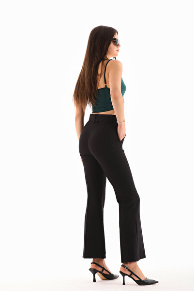 B.HE.Z / Kemerli Fermuarlı Yanlardan Cepli İspanyol Paça Dabıl Kumaş Kadın Pantolon