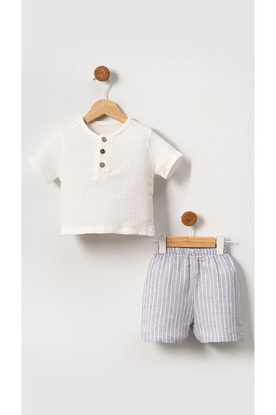 Bubito Grau gestreiftes Shorts-Set aus 100 % Musselin-Baumwolle für Babys und Kinder, Unisex, mit Knöpfen