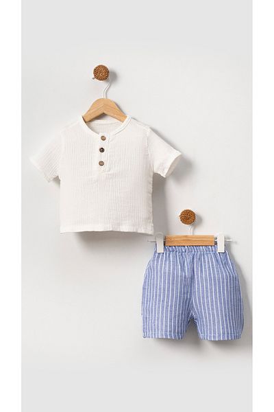 Bubito Blau gestreiftes Shorts-Set aus 100 % Baumwollmusselin für Babys und Kinder, Unisex